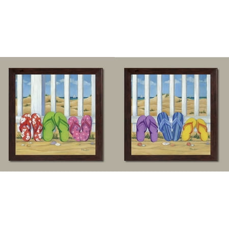 - Cute, Colorful Flip Flops; Summer Day Beach Scene; Coastal Decor; Two 12x12in Brown Framed Prints; Ready to hang!