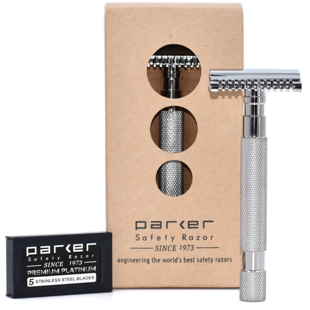 Parker 68S Stainless Steel Handle Double Edge Safety Razor with Open Comb Head & 5 Parker Premium Blades