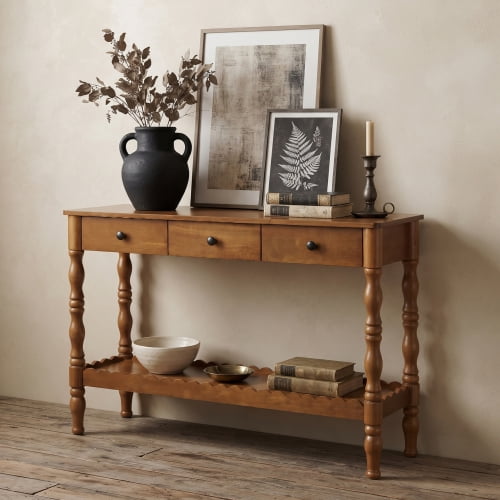 DRNANLIT Console Table, 47.2 Inch Solid Wood Entryway Table, Walnut, 2-Tier Sofa Table, 3 Drawers, Vintage Carved Legs, Living Room