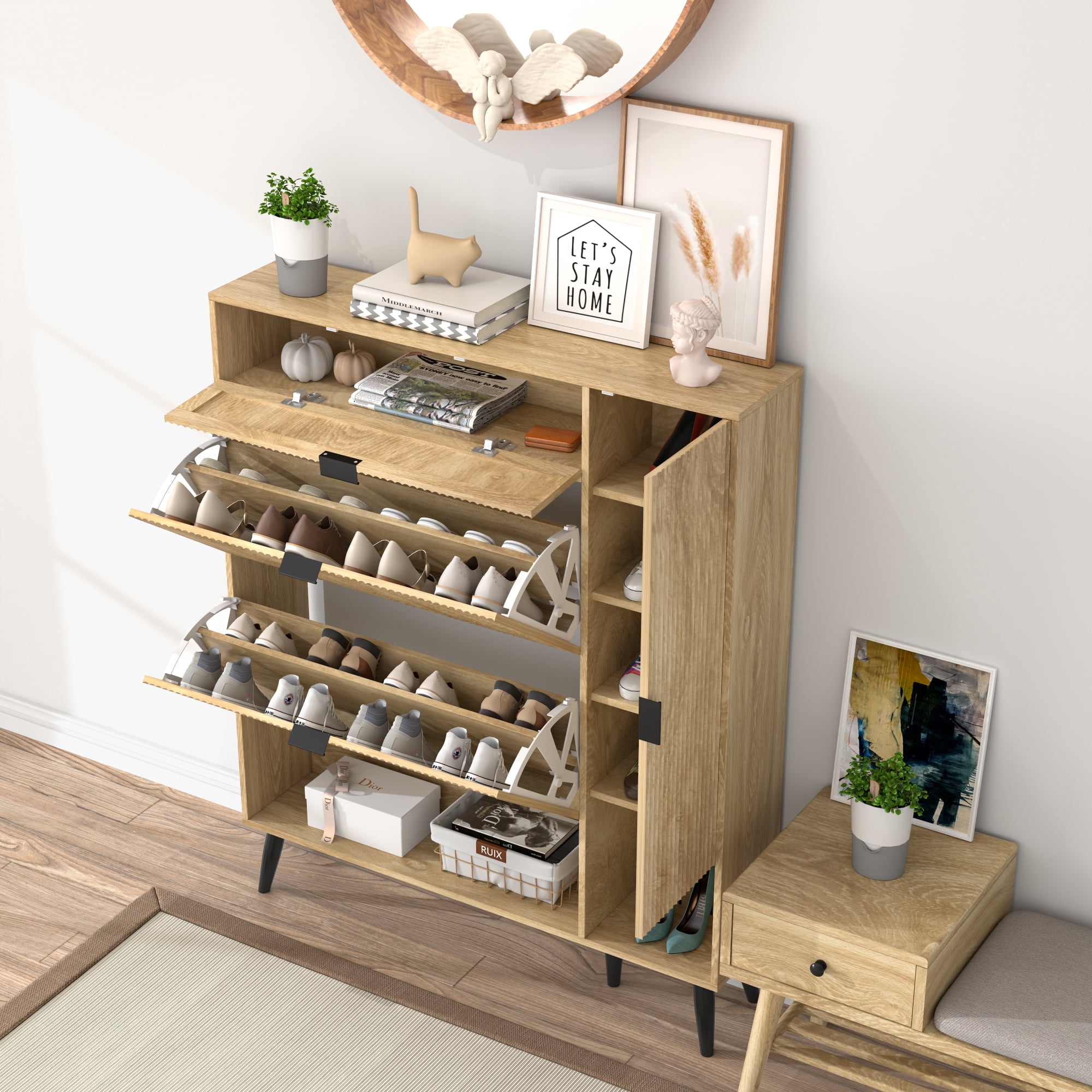 Furtivusia Shoe Storage Cabinet with 2 Flip Drawers, Freestanding Shoe Rack Shoe Cabinet for Entryway, Shoe Rack Organizer for Living Room, Wood Color