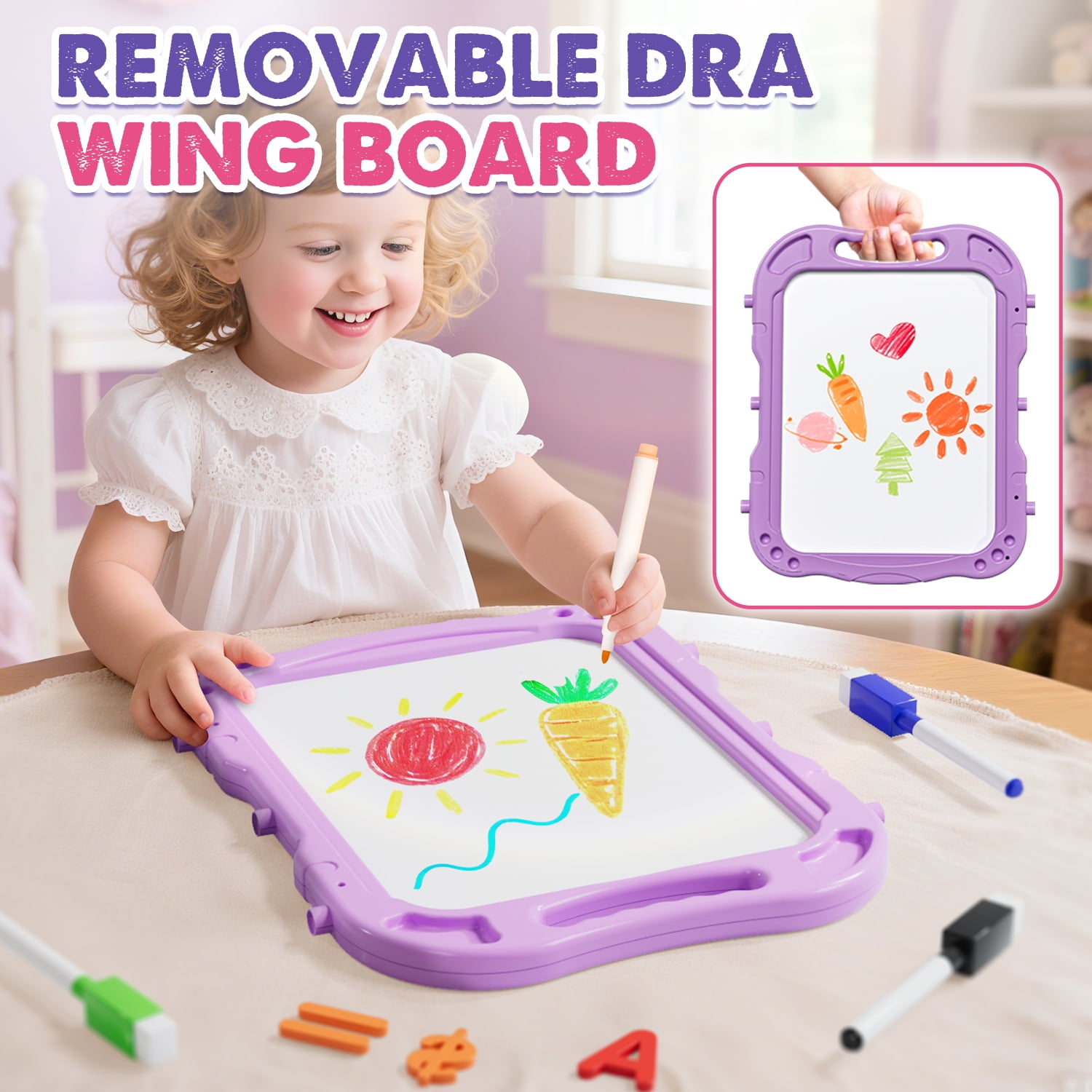 Easel for Kids, Kids Easel 4 in 1 Rotatable Double Sided Adjustable Standing Art Easel Drawing Board White Board Chalkboard for Toddlers Boys Girls with Painting Accessories - Purple