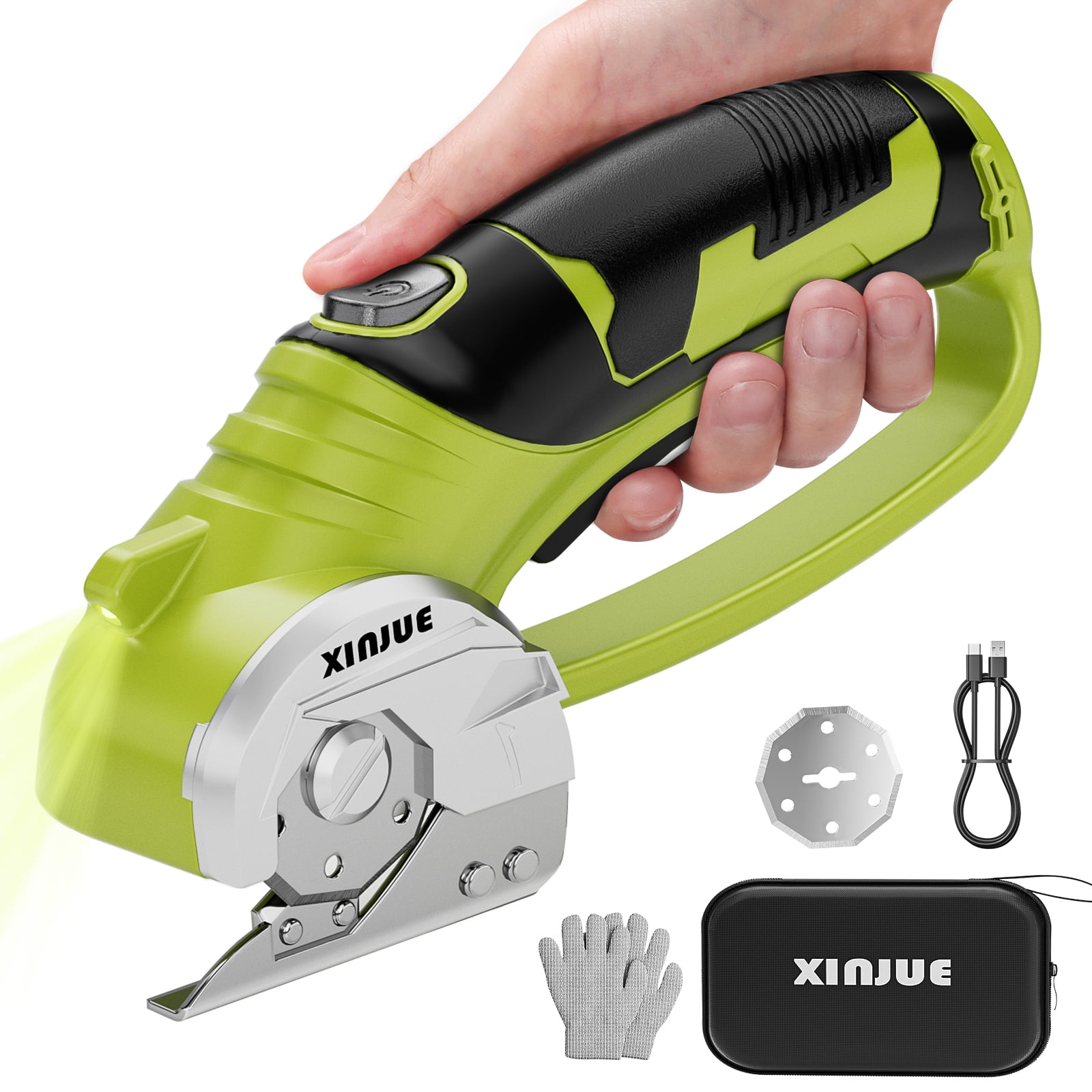 Cordless Electric Scissors, Cardboard Box Cutter Heavy Duty, 4V Rechargeable Power Rotary Cutter with Safety Lock & LED Light for Fabric, Carpet, Paper or Leather, Orange