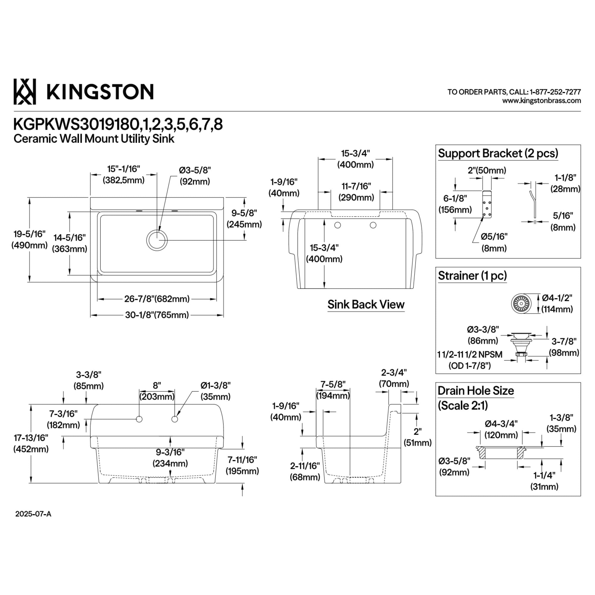 Kingston Brass KGPKWS3019185 Doriteal 30-Inch Ceramic Single Bowl Wall Mount Kitchen Sink with Strainer in White/Oil Rubbed Bronze