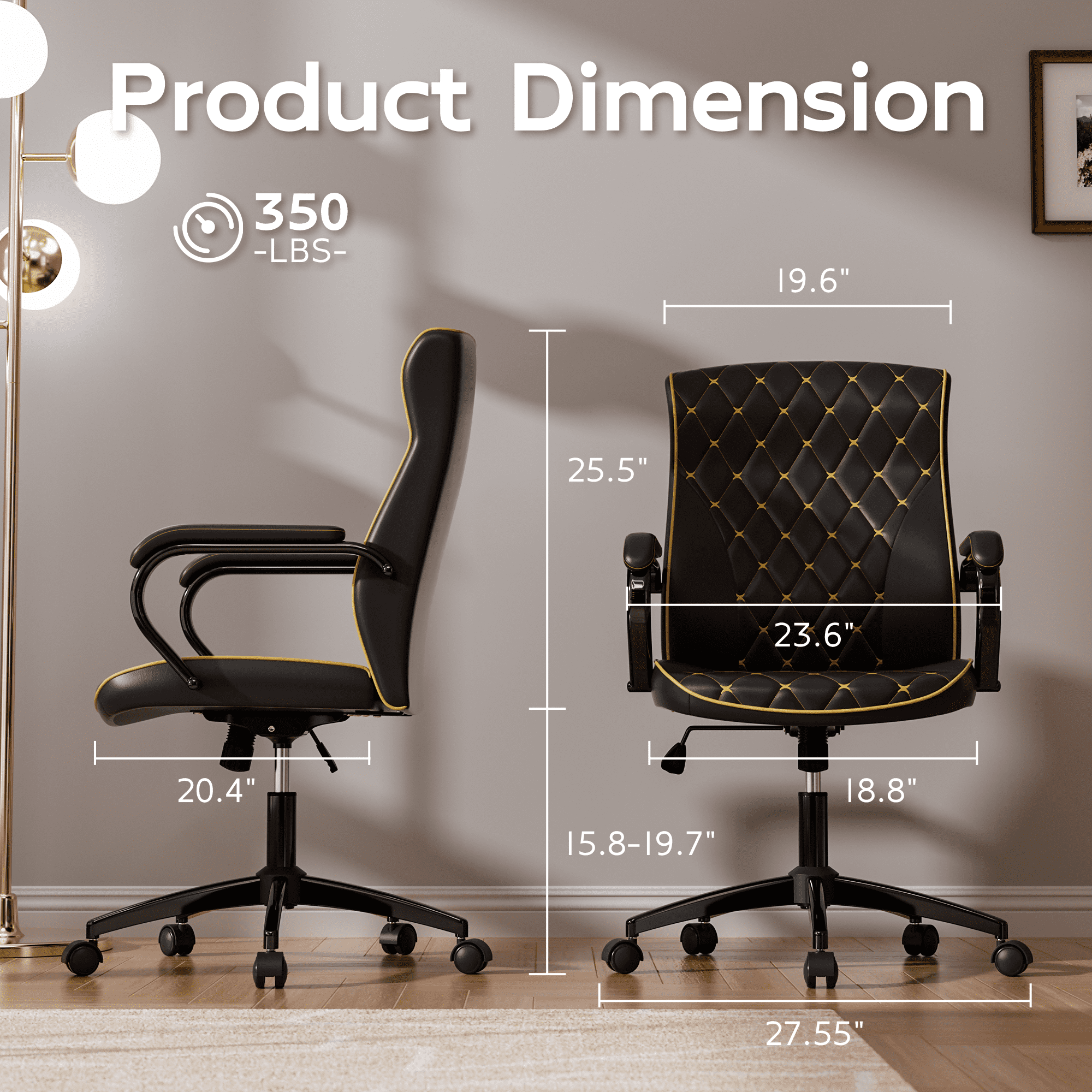 HomeZeer Black Office Chair with Wheels, Ergonomic High Back Executive Desk Chair with Padded Arms, Modern PU Leather Embroidery Computer Chair with Rocking Function