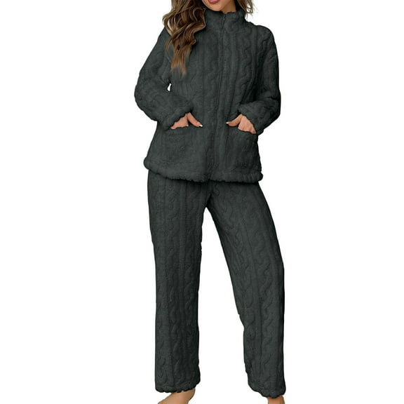 Fanxing Womens Fleece Lounge Sets Plus Size Two Piece Fuzzy Sherpa Outfits Zip Up Stand Collar Jacket Wide Leg Matching Winter Warm Tracksuit XL-5XL 4XL