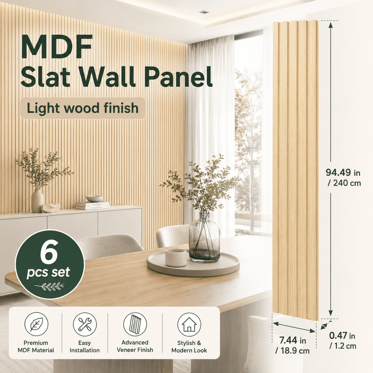 Yeslife 6 pcs Slat Wall Panels, 94.49 x 7.44 in, Oak MDF, 3D Decorative Design for Interior Walls and Ceilings