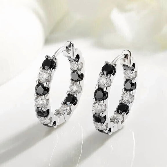 3.00Ct Round Cut Lab Created Black & White Diamond Engagement Women's Hoop Earrings 14K White Gold Plated Silver