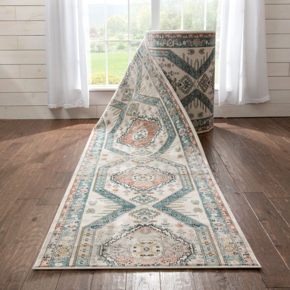 Well Woven Custom Size Runner - Choose Your Length - Jolena Blue & Ivory Vintage Tribal Medallion 36 Inch Wide x 14 Feet Long Runner (36" x 14' Runner) Rug