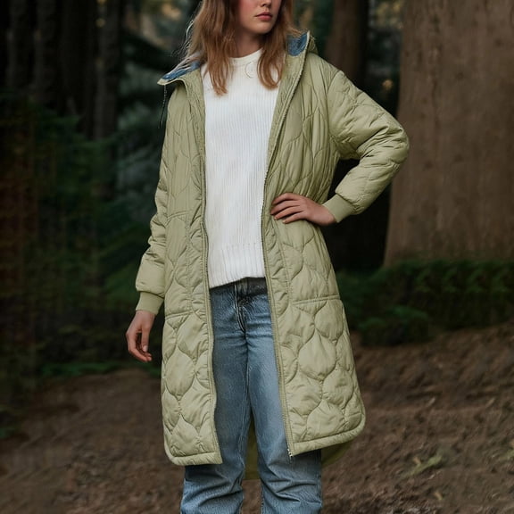 ClodeEU Women's Mid Length Quilted Jacket Coat With Hoodeid,Long Sleeve Zip Up Coat With Pockets Army Green,Womens Plus L