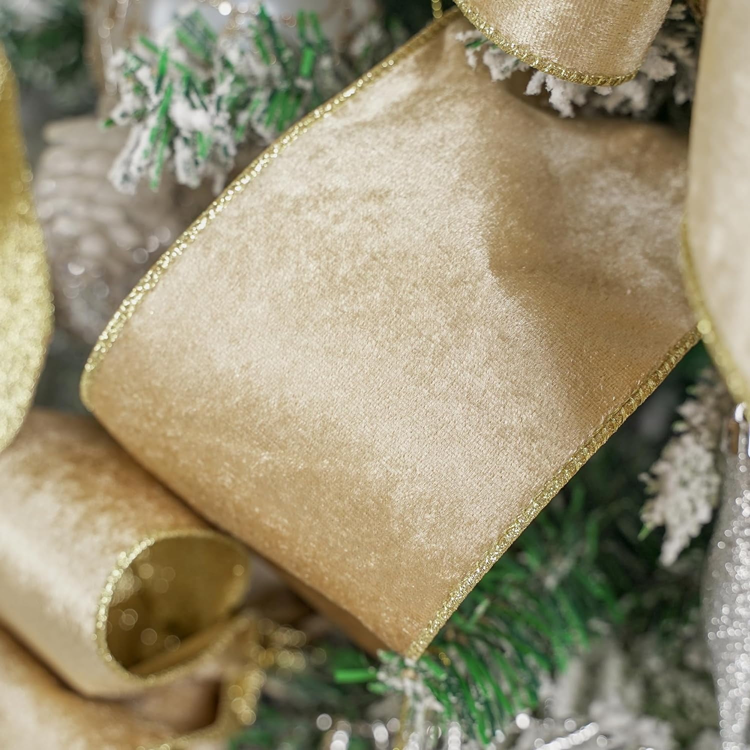 Champagne Velvet Wired Ribbon 4 inch Christmas Ribbon Double-Sided Glitter Gold Ribbons for Trees, Wreaths, Tree Top Bows, Garlands, Staircases, Crafts-10 Yards