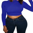 thumbnail image 4 of Womens Long Sleeve Mock Neck Slim Fit Crop Stretchy Blouse Tee Blue L, 4 of 6