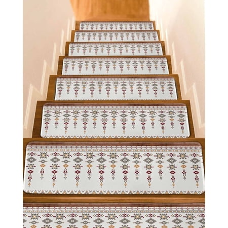 Southwest Geometric Stair Treads for Wooden Steps Indoor Runner Rug Carpet Western Boho Ethnic Beige Grey Wooden 15 Pieces Peel and Stick Staircase Step Treads Covers Washable Throw Door Mats 30 x8