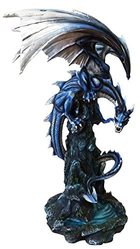 Large 23/" Tall Blue Zirconia Rogue Storm Dragon Hovering Over Cliff Rock Wate...