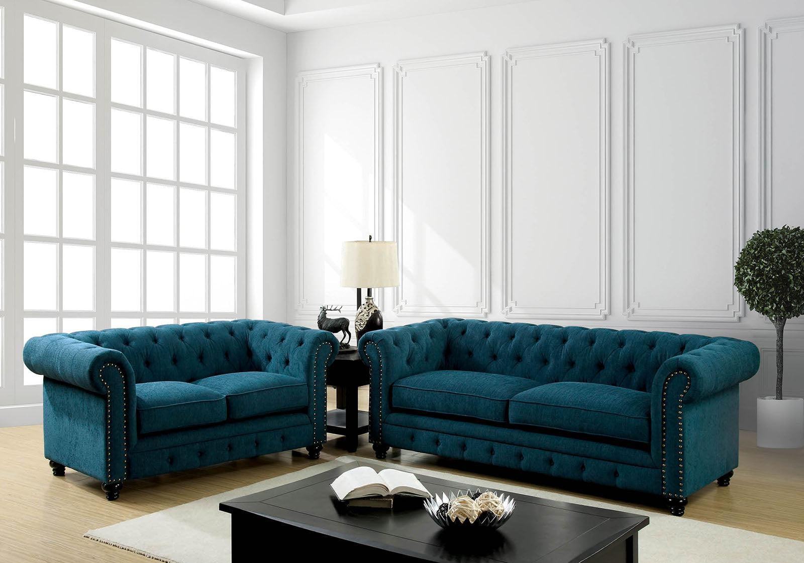 Transitional Dark Teal Living Room Set 3pcs Furniture of America