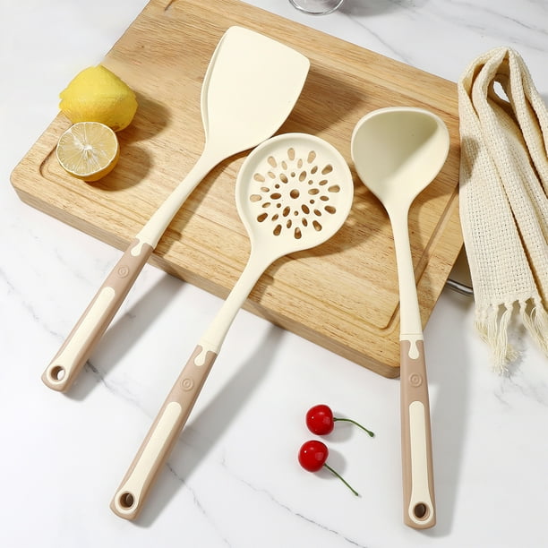 Juego de utensilios de silicona - Utensilios antiadherentes de 3 piezas con espátula, cuchara y cuchara ranurada resistentes al calor
