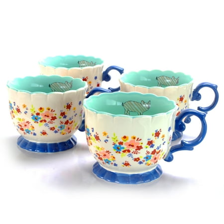 - Life On The Farm 20 oz Footed Tea Cup, Cream Ditzy Floral Design Set of 4