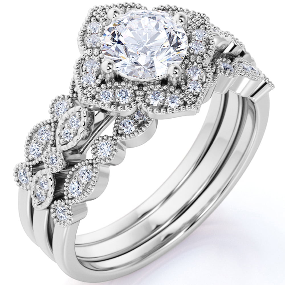 JeenMata 1.75 Carat Round Cut Moissanite Trio Set - Bridal Set - Wedding Trio Set - Solitaire Ring - Anniversary Ring - 18k White Gold Over Silver