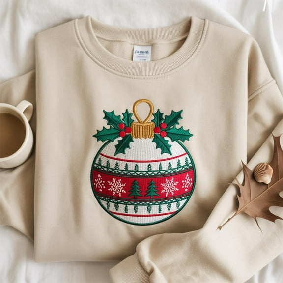 Embroidered Christmas Ornament Sweatshirt, Holly Jolly Sweatshirt, Merry Christmas Sweater, Glitter Ornaments Shirt