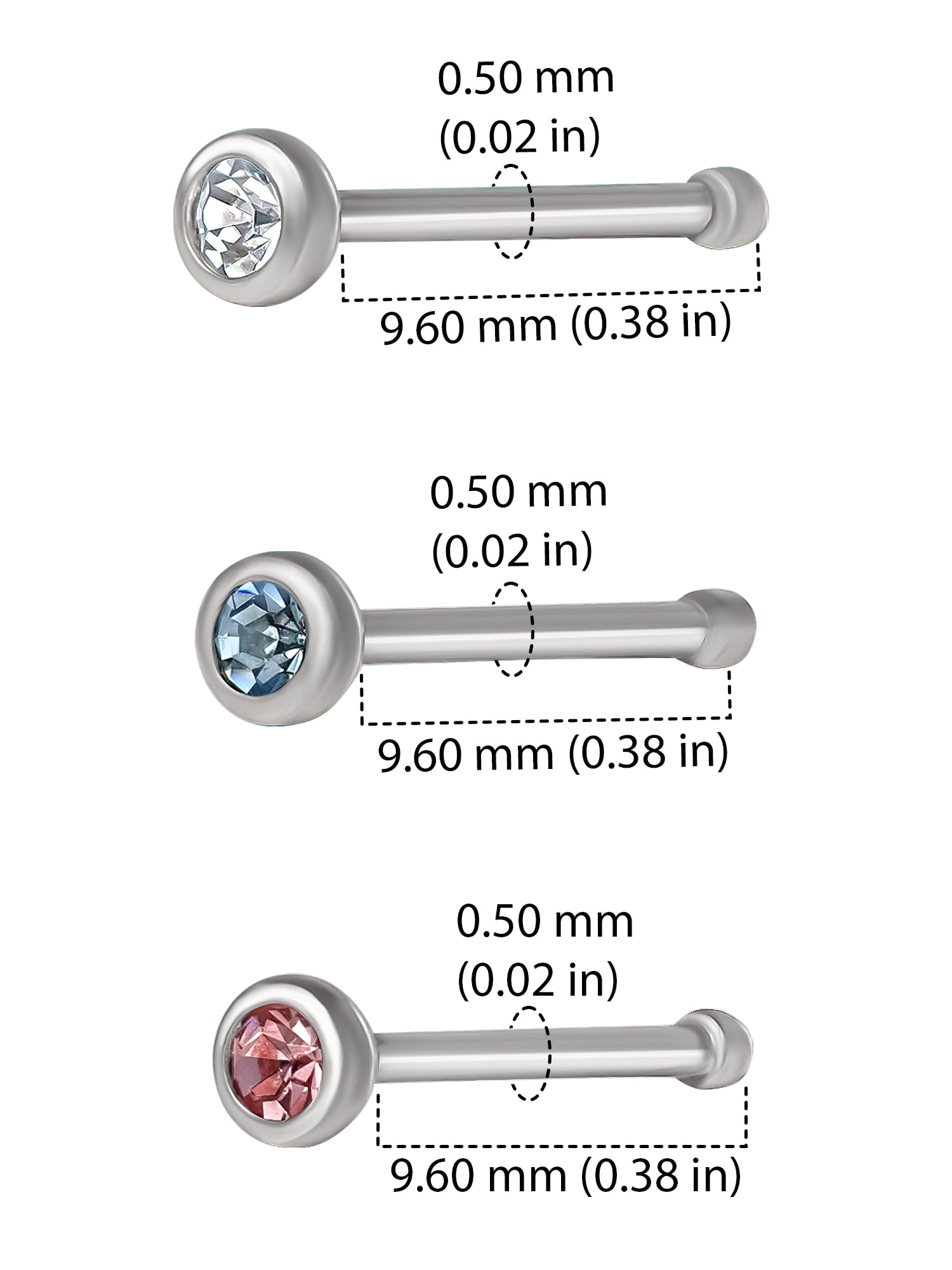Body Jewelry Women's 22G Stainless Steel Nose Stud Trio with Crystal Accents