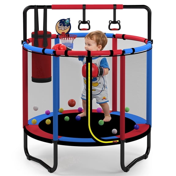 4.5FT Toddler Trampoline for Kids with Enclosure, Kids Trampoline with Basketball Hoop, SHINPT Indoor Trampoline, Small Trampolines for Kids, Mini Trampoline, Gifts for Boys, Girls, 110lbs Capacity