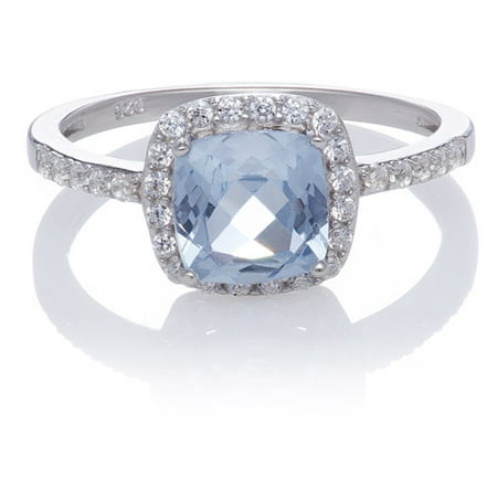 Blue Topaz Cushion-Cut with Created White Sapphire Ring, Size 7