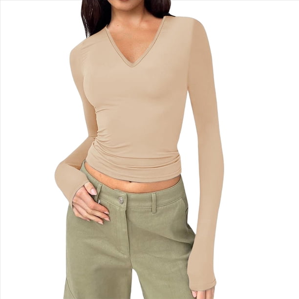 Camisas de Larga de Moda para Mujer, Blusas de Otoño con Cuello en V, Ajustadas y Recortadas, Conjuntos Y2K. Color de la Carne XL