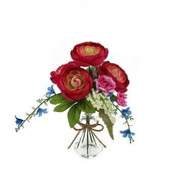 Mainstays 10.75" Height Ranunculus in Glass, Fuchsia Color, Artificial Flower, Polyester.