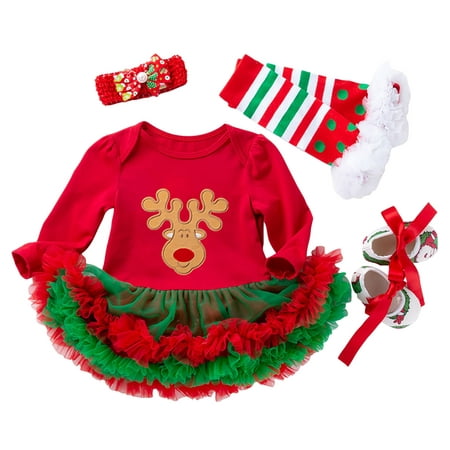 

QWERTYU Newborn Infant Baby Toddler Girl Boy Christmas Long Sleeve Outfits Clothes Set One Piece Dress Bodysuit and Shoes Tights Set with Headband 0-2Y Multicolor 80
