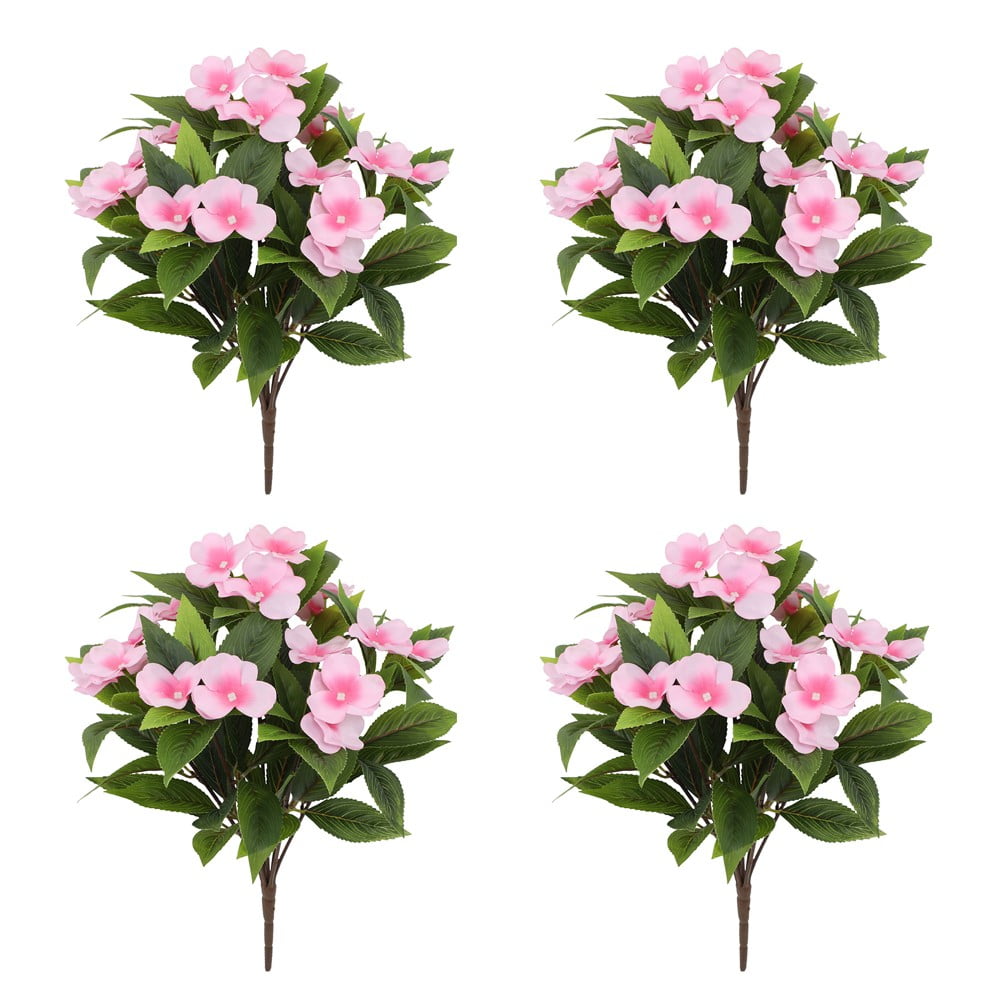 Vibrant 4 Pcs Artificial Impatiens Flowers For Year-Round Outdoor Decor!