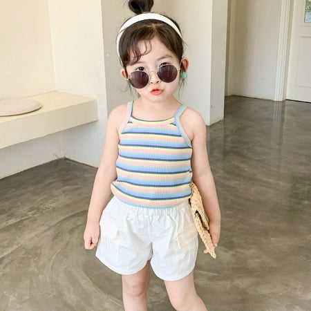 

Wuffmeow Baby Girls Summer Vest Sleeveless Cute Rainbow Striped Shirt Fashion Girl T-shirt
