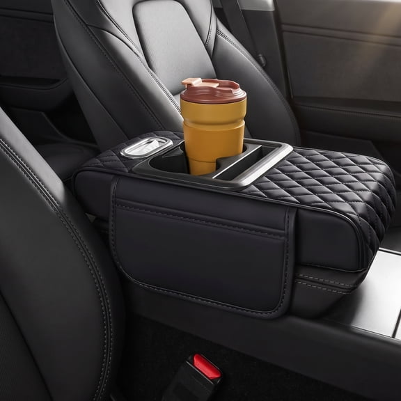 5 in 1 Nappa Leather Console Armrest Cover, Black | Built-in cup holder, tissue slot, phone holder & 2 storage pockets, practical car accessories fit SUV sedan truck