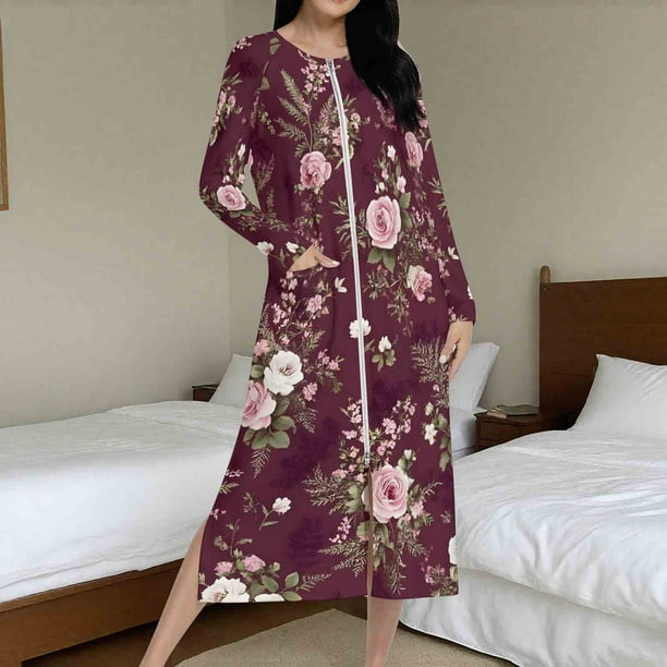 Batas de invierno para mujer, camisón cálido y camisón de invierno con cremallera y bolsillos, pijama holgado para mujer.
