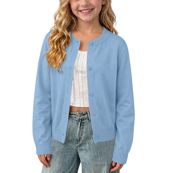 Puyaiuu Boys Girls 1-11 Years Old Spring Fall Solid Color Crew Neck Button Down Knit Cardigan Long Sleeve Lightweight Cotton Sweater Jacket Soft Basic Layering Outerwear Gift