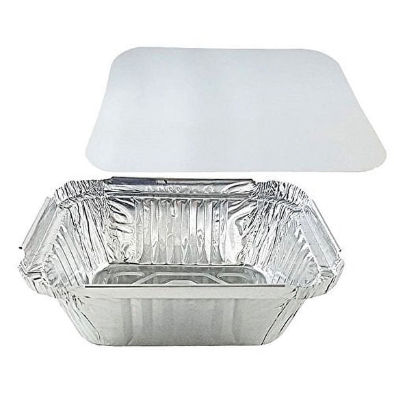 Pactogo 1 lb. Oblong Deep Aluminum Foil Take-Out Pan with Board Lid Disposable Containers 5.56" x 4.56" x 1.62" (Pack of 1000 Sets)