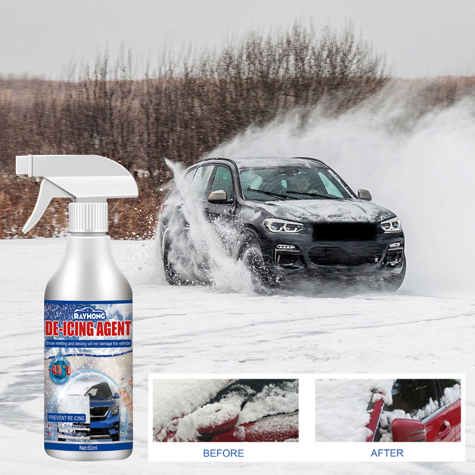 Pompotops Ice Melt for Car 60ml, Auto Windshield Deicing Spray Snow Melting Spray Windshield De-Icer for Car Windshield Windows Wipers and Mirrors