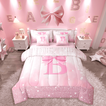 Castle Fairy Twin 7-Piece Bedding Set with Initial B Cartoon Bow Gradient Glitter Print