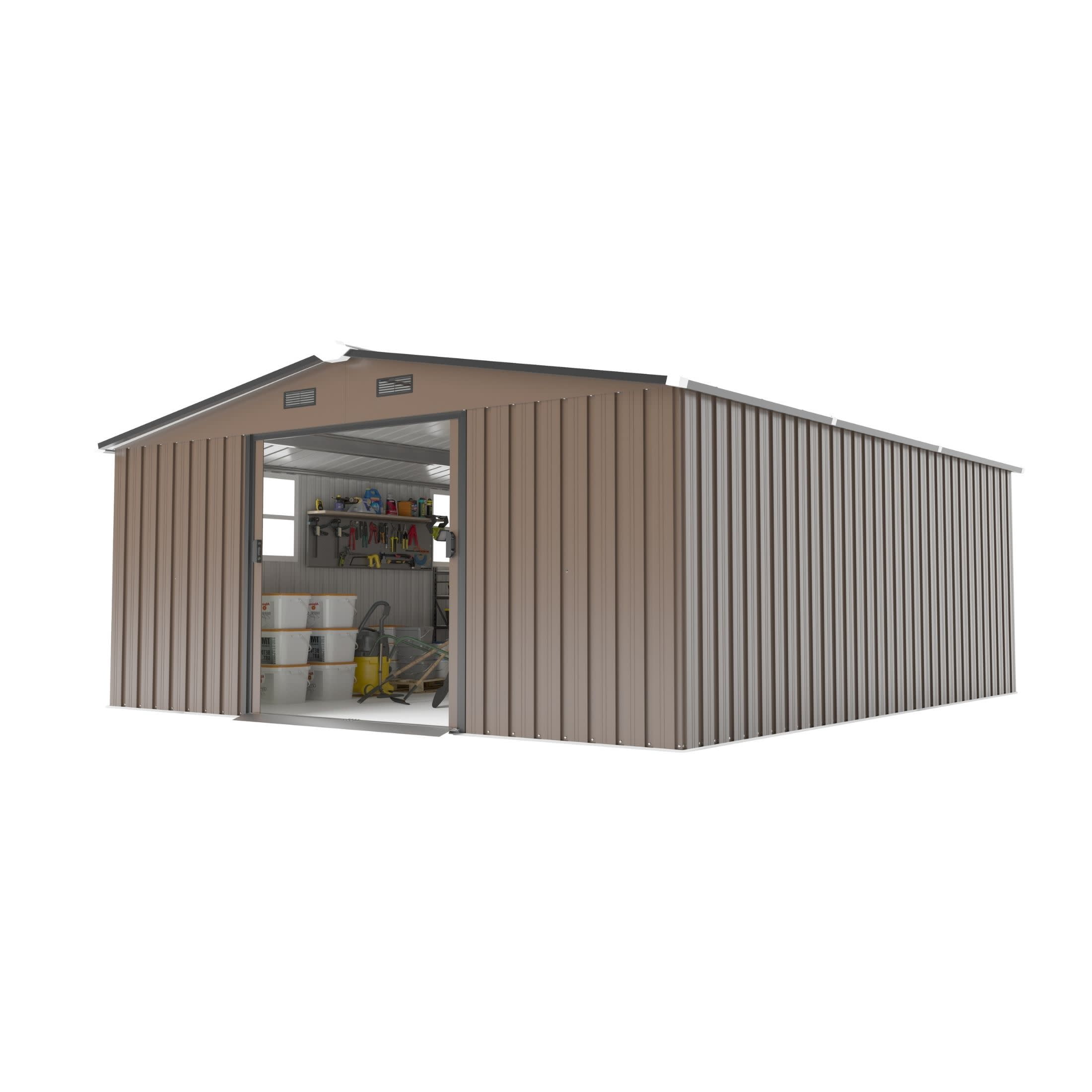 Noble House Carola 10 x 12 FT Outdoor Storage Shed with Daylight Windows and Protective Film, Steel Plate, Brown