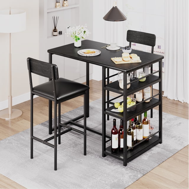 Gaderth Dining Table Set For 2, 3 Piece Bar Table Set With 2 Upholstered Stools, Counter Height Kitchen Table Set With 3 Tier Storage Shelves For Small Kitchens Apartments Breakfast Nooks
