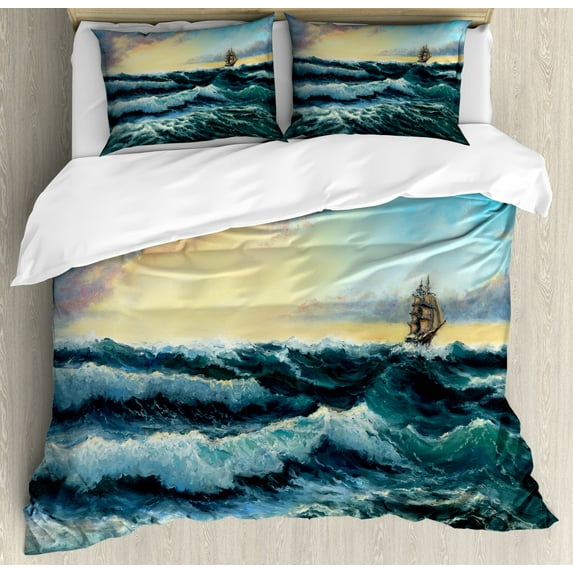 Fine Art Duvet Cover Set Queen Size, Realistic Painting of a Ship in Sea During a Stormy Weather Seascape on Canvas, Decorative 3 Piece Bedding Set with 2 Pillow Shams, Multicolor, by Ambesonne