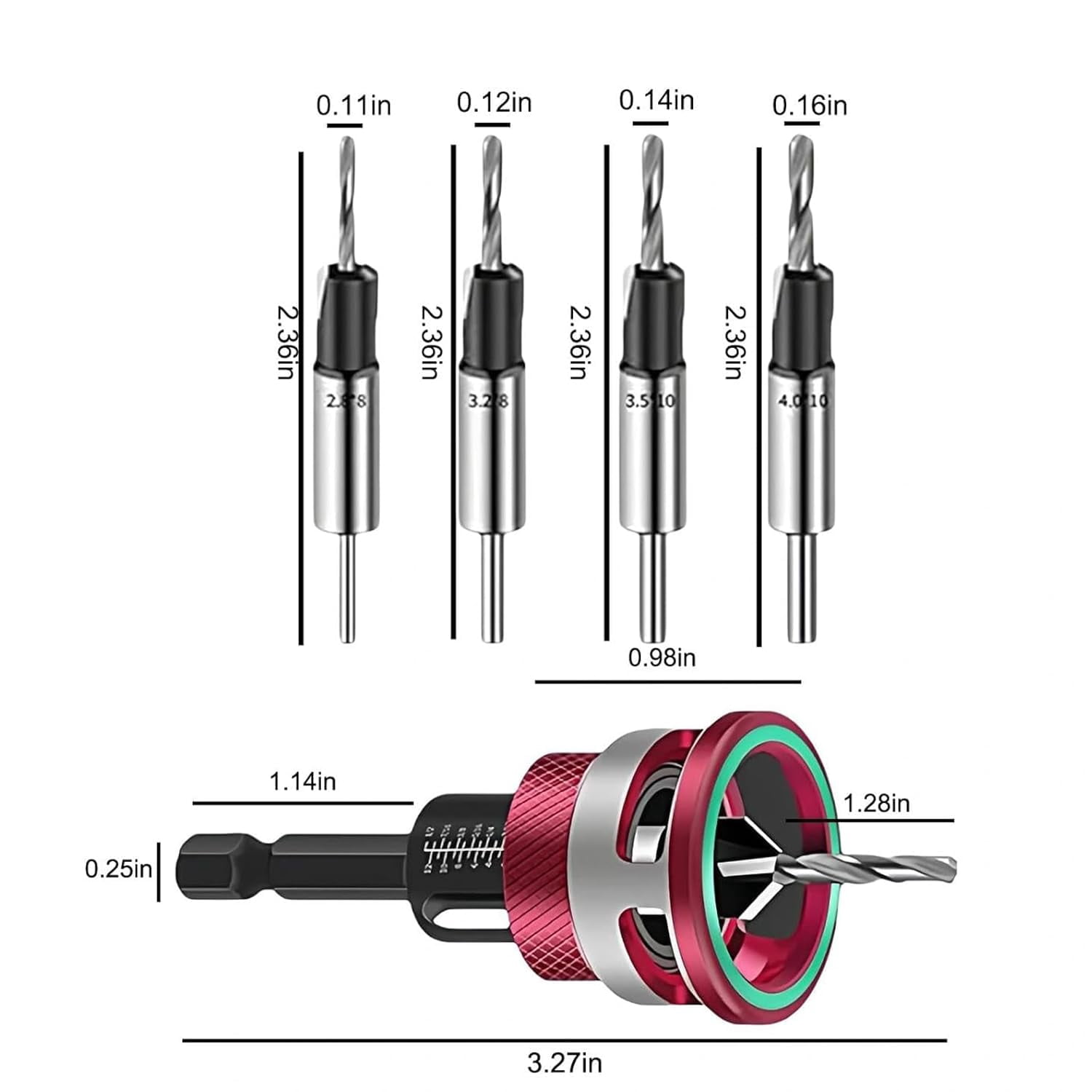 Two-Flute Counterbore with Depth Stop, Countersink Drill Bits Set, 4PCS Four-Flute Tapered Drill Bits and Adjustable Depth Stop Collar, for Woodworking, Cabinetry, DIY,Gold