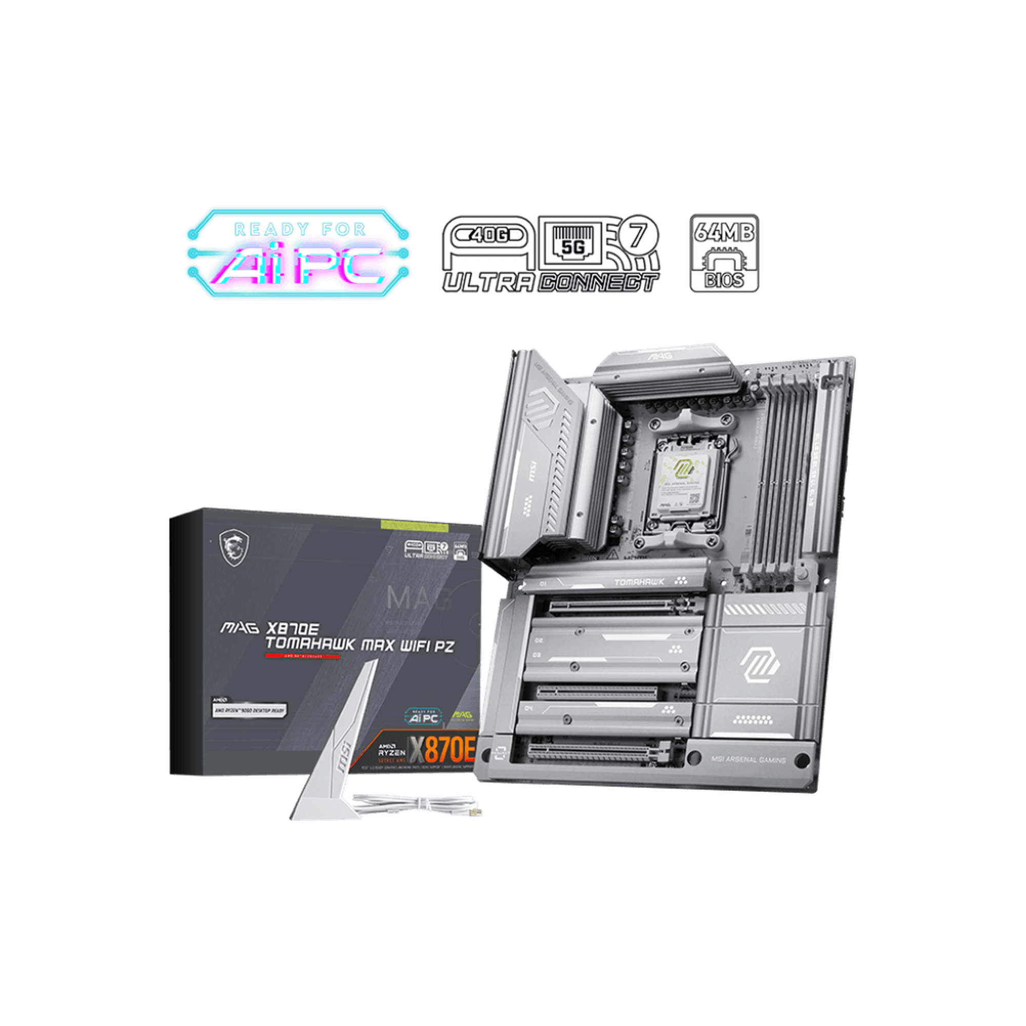 MSI MAG X870E TOMAHAWK MAX WIFI PZ AM5 AMD X870E PCIe 5.0 USB 40/20/10/5Gbps Type A/C Wi-Fi 7 ATX Back-Connect Motherboard