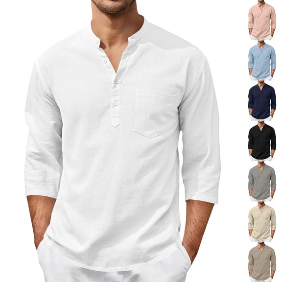 Awwp Men's Linen Cotton Shirt 3/4 Sleeve Stand Collar Casual Button down Shirts with Pocket Breathable Summer Shirts 8 Colors Available Vacation Beach Shirt Beige Size: L