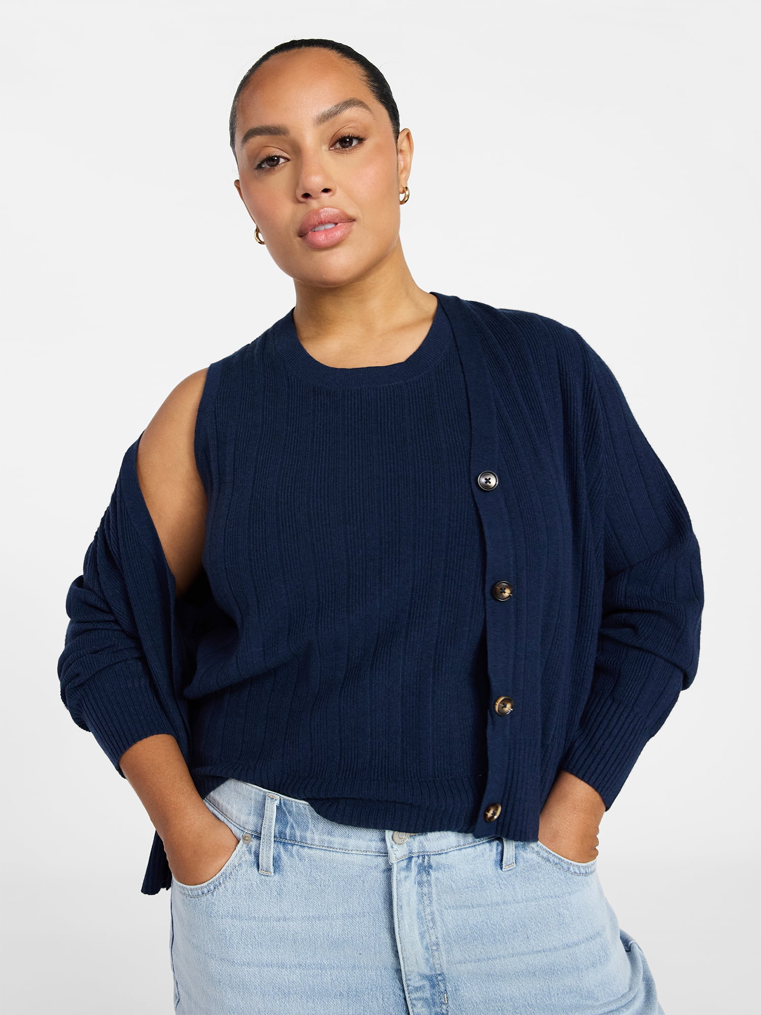 Terra & Sky Women's Plus Size Ribbed Tank Top and Cardigan Set, 2-Piece, Sizes 0X-5X