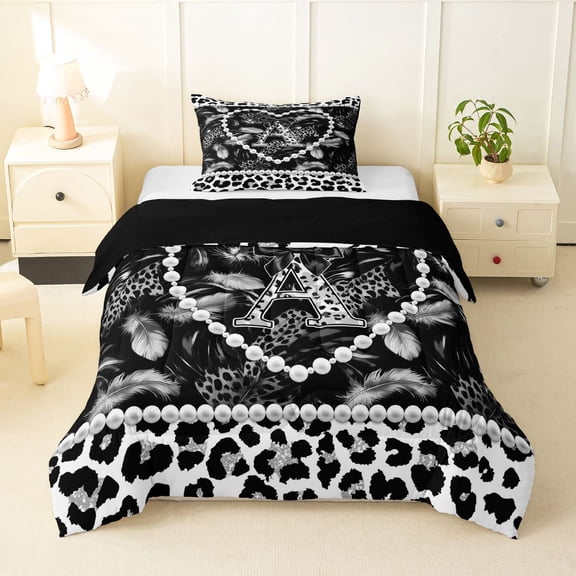 Manfei Lovely Letter A Twin Comforter Sets,Sweet Pearl Leopard Print Bedding Set,Black,Black Reversible,2pcs,1 Comforter and 1 Pillowcase