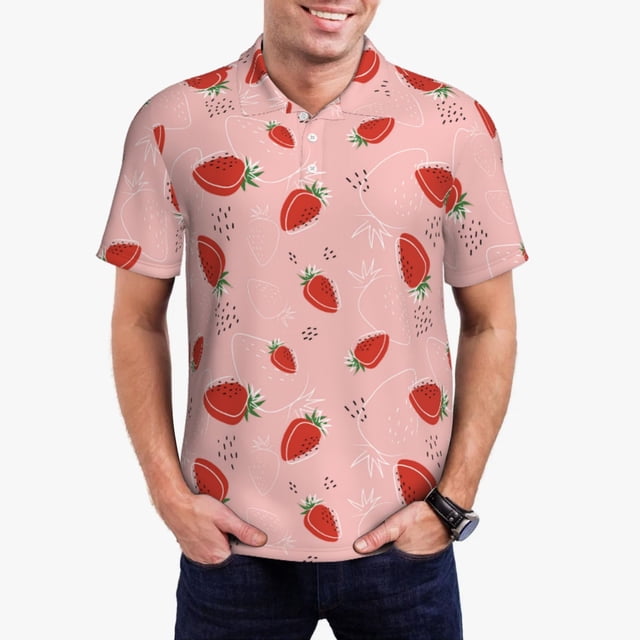 Balery Cute Strawberry C Camisa Polo de Hombre con Estampado, de Manga Corta y Tejido Medio, Camisa Tipo Golf Polo-Large