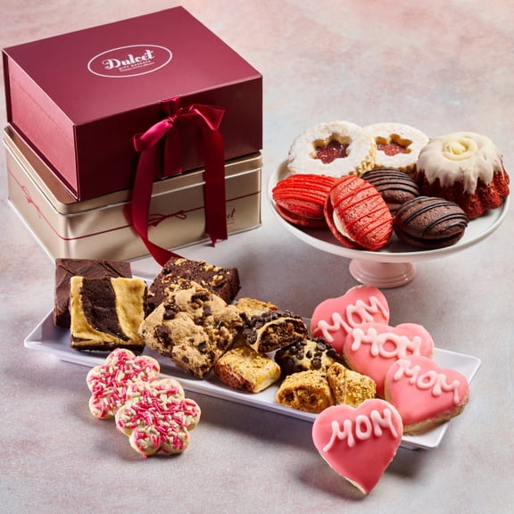 Dulcet Gift Baskets Gourmet Mother's day Party Two Tower with Mom Sugar Cookies Pastries