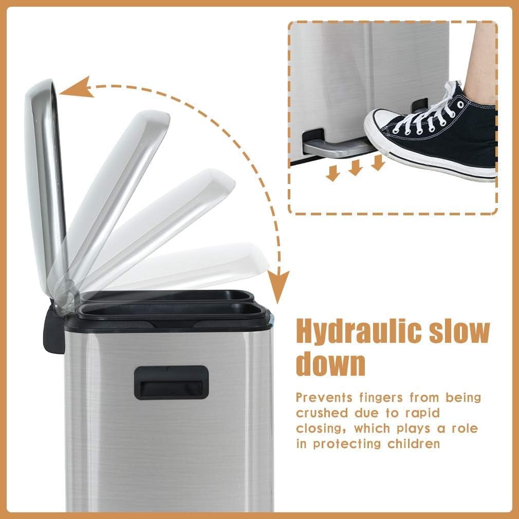 Kitchen Trash Can With Lid For Office Bedroom Bathroom Step Trash Bin Fingerprint-Proof Brushed Stainless Steel Garbage Can 10 Gallon/ 40L