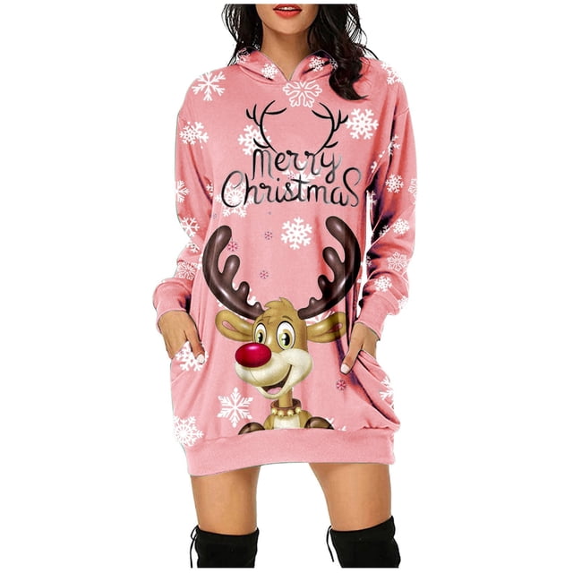2025 Robes d'Été Imprimées de Noël pour Femmes Mode Manches Longues Chandail à Capuche Robes d'Été pour Femmes avec Poche Robe Portefeuille pour Femmes Robe d'Été Chandail à Capuchon