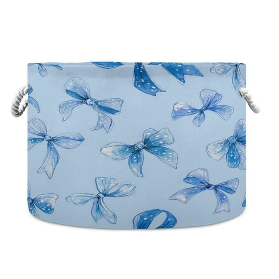 Round Toy Storage Basket Foldable Storage Basket for Home Decor Laundry Basket20" x 14" Blue Bows and Ribbons