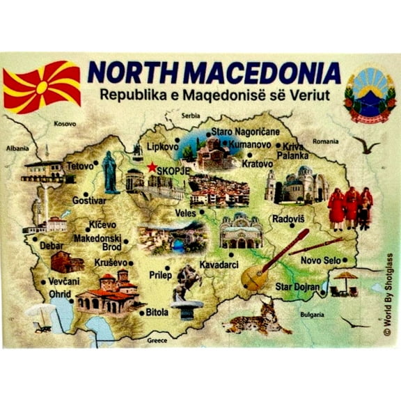 North Macedonia Graphic Map and Attractions Souvenir Fridge Magnet 2.5" X 3.5"
